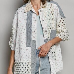 POL Mixed Media Patchwork Button Down Boho Shirt